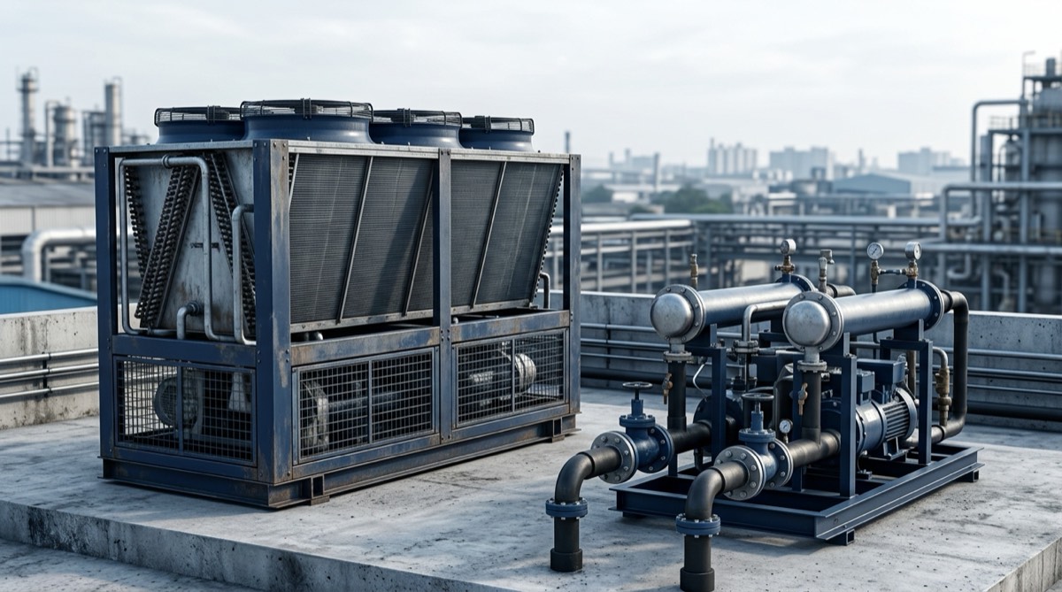 An air source heat pump with axial fans beside a compact water source skid with shell-and-tube exchangers
