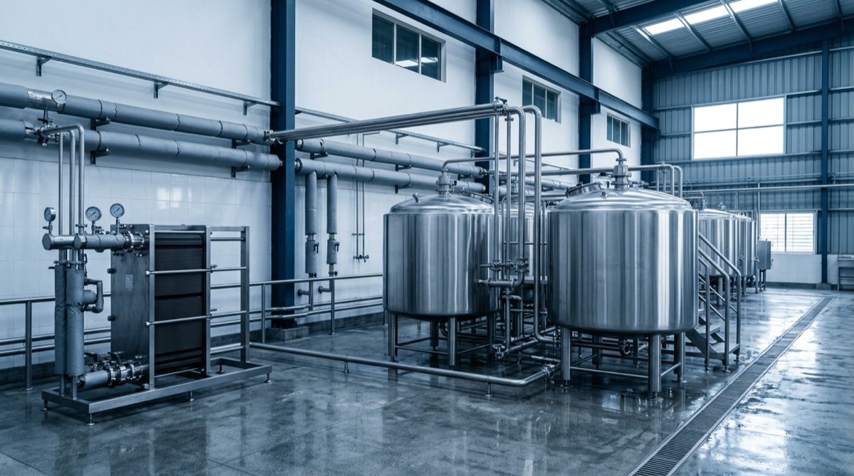A dairy processing hall with stainless steel balance tanks, a plate heat exchanger pasteuriser and sanitary pipework