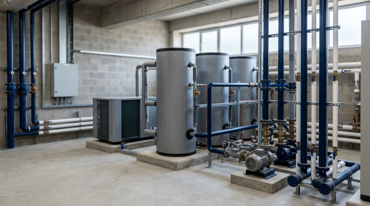 A hotel plant room with tall insulated hot water storage calorifiers, pumps and a compact heat pump unit