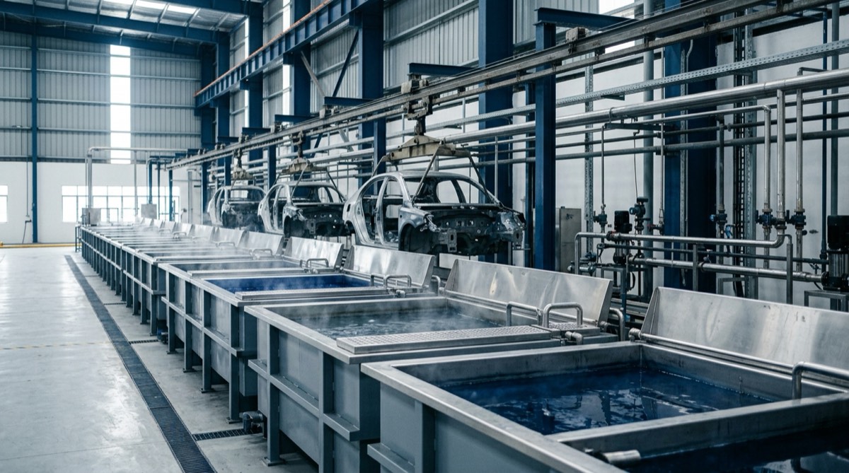 An automotive paint shop pre-treatment line, with open degrease and phosphating dip tanks and overhead conveyor rails