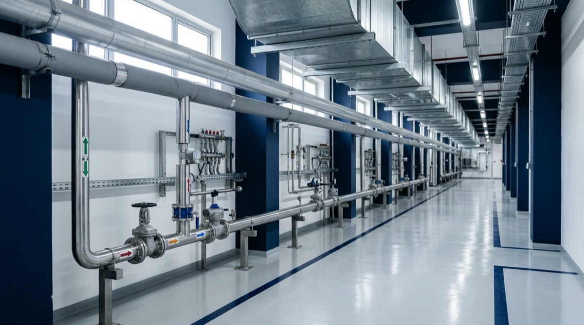 A pharmaceutical plant utility corridor with purified water loop pipework, insulated hot water headers and air handling ducting