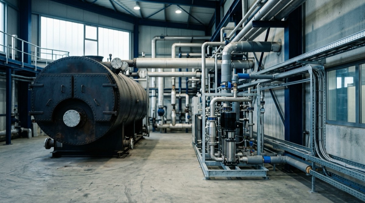 A boiler house where a blanked-off fired boiler stands beside a newly installed electric heat pump skid