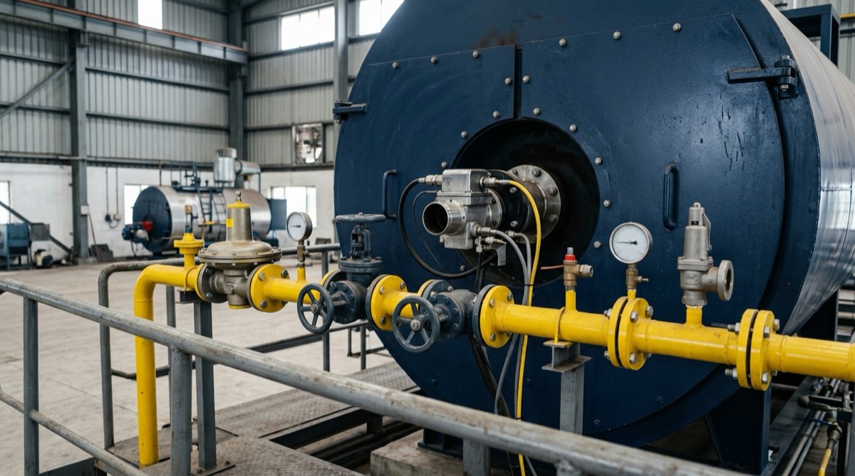 The gas train and burner front of a packaged boiler in an Indian factory boiler house, with regulators and isolation valves