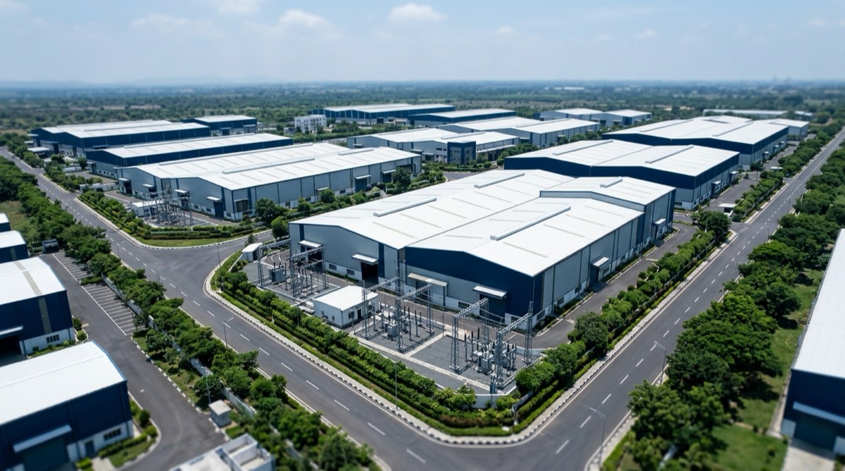 Aerial view of an Indian industrial estate, with rows of factory sheds, service roads and transformer yards