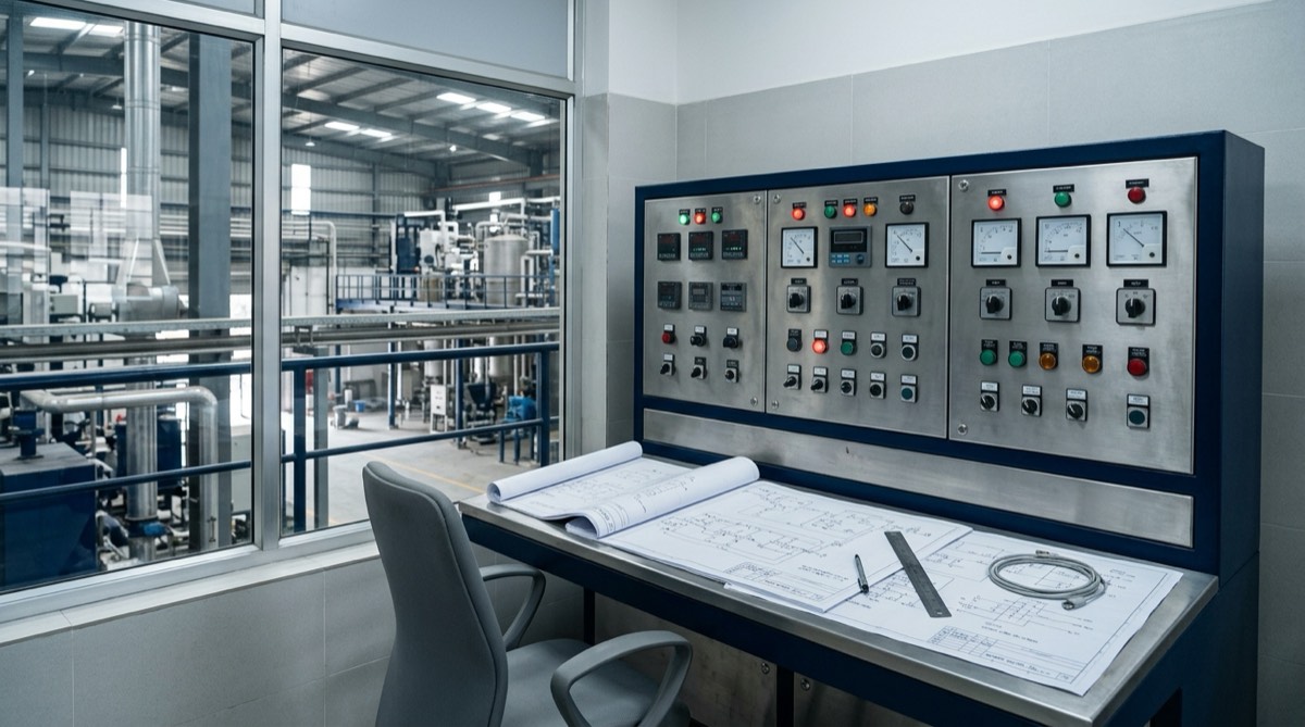 A plant engineering control station with an energy monitoring panel and technical drawings, overlooking the process floor