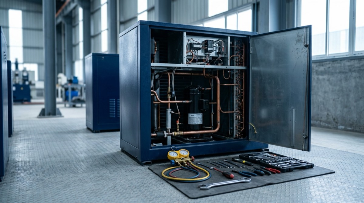 An industrial heat pump with its service panel open, exposing the compressor and refrigerant pipework, with a gauge manifold alongside