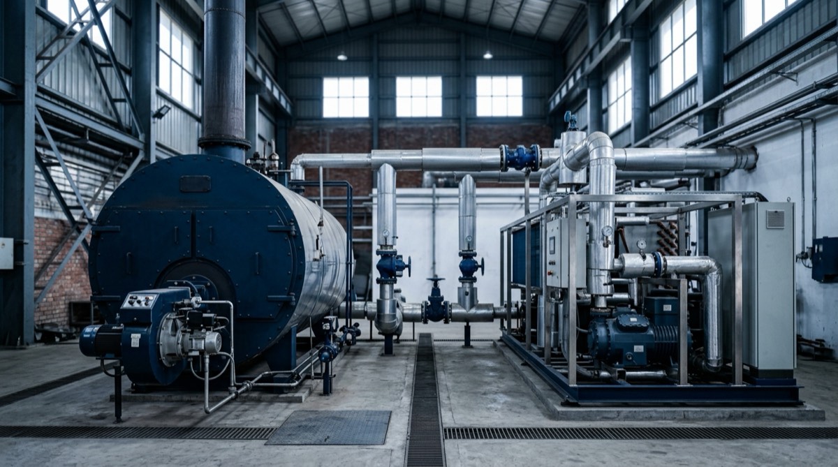 An older fire tube steam boiler and a modern industrial heat pump skid sharing pipe headers in one boiler house