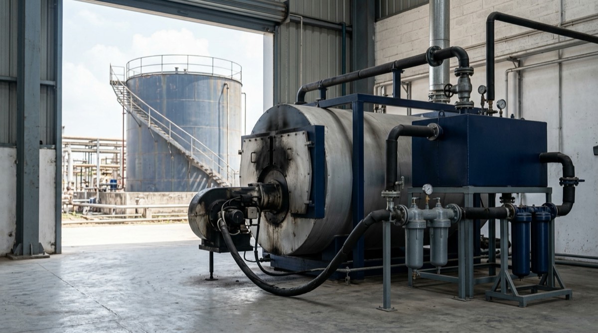 A furnace oil fired boiler with a heated day tank, oil filters and a sooty burner front