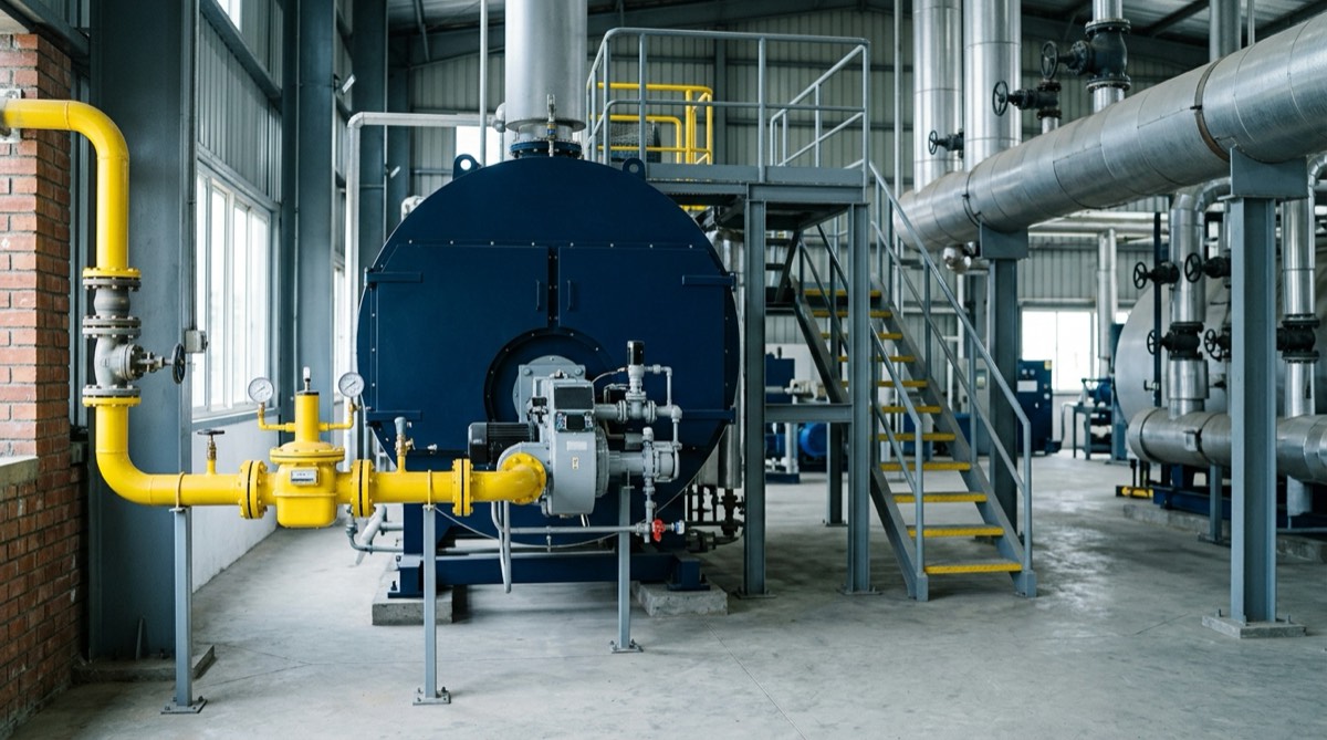 A piped natural gas fired packaged boiler in an Indian factory, showing the gas meter set, burner and insulated steam header