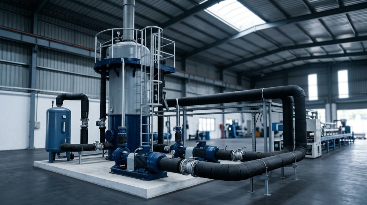 A coil type thermic fluid heater with hot oil circulation pumps, expansion tank and insulated flow and return lines