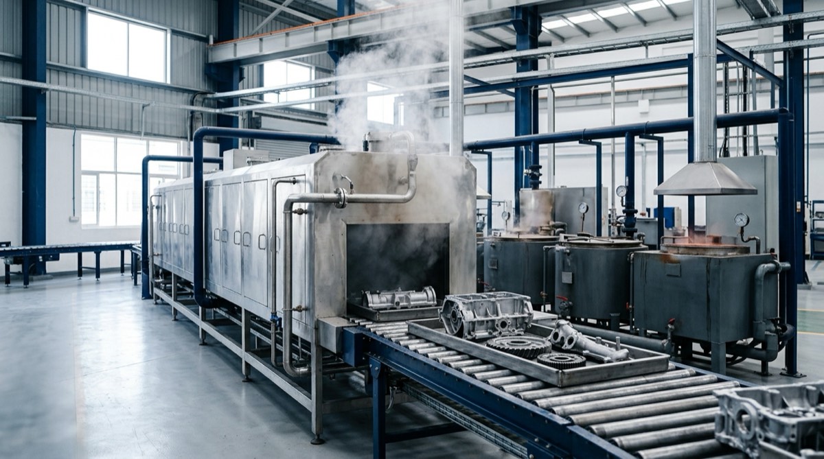 An automotive component washing and degrease line, with a stainless spray wash tunnel and hot rinse tanks