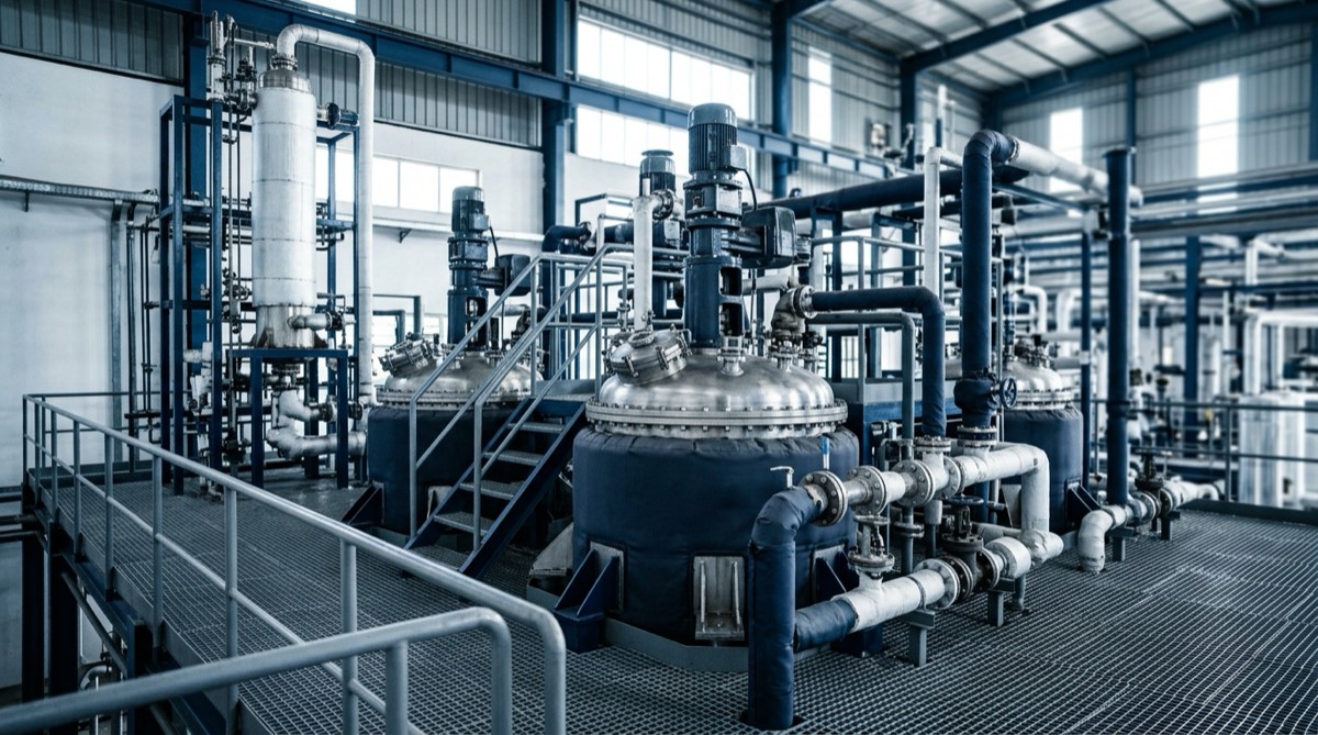 A chemical plant reactor bay with jacketed stainless vessels, agitator drives and a condenser column