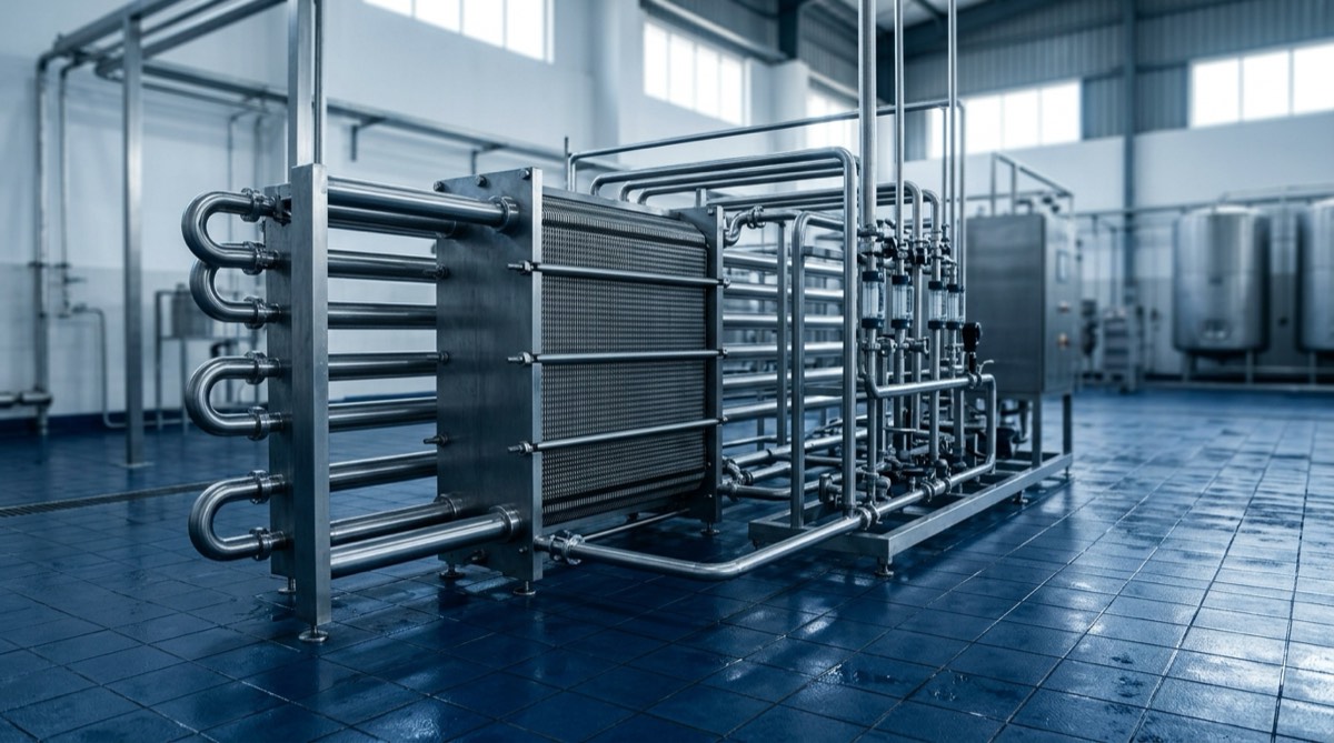 A food and beverage pasteurisation line with a stainless plate heat exchanger, holding tubes and a clean-in-place manifold
