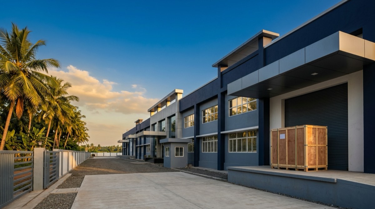 Exterior of a modern Indian industrial engineering facility, with a loading bay and a crated heat pump unit