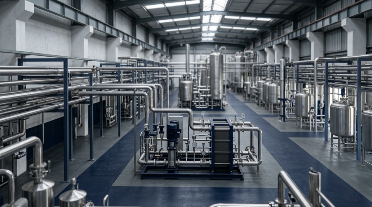 Elevated view along a modern Indian process plant, with stainless vessels, pipe racks and a heat pump skid in the mid ground