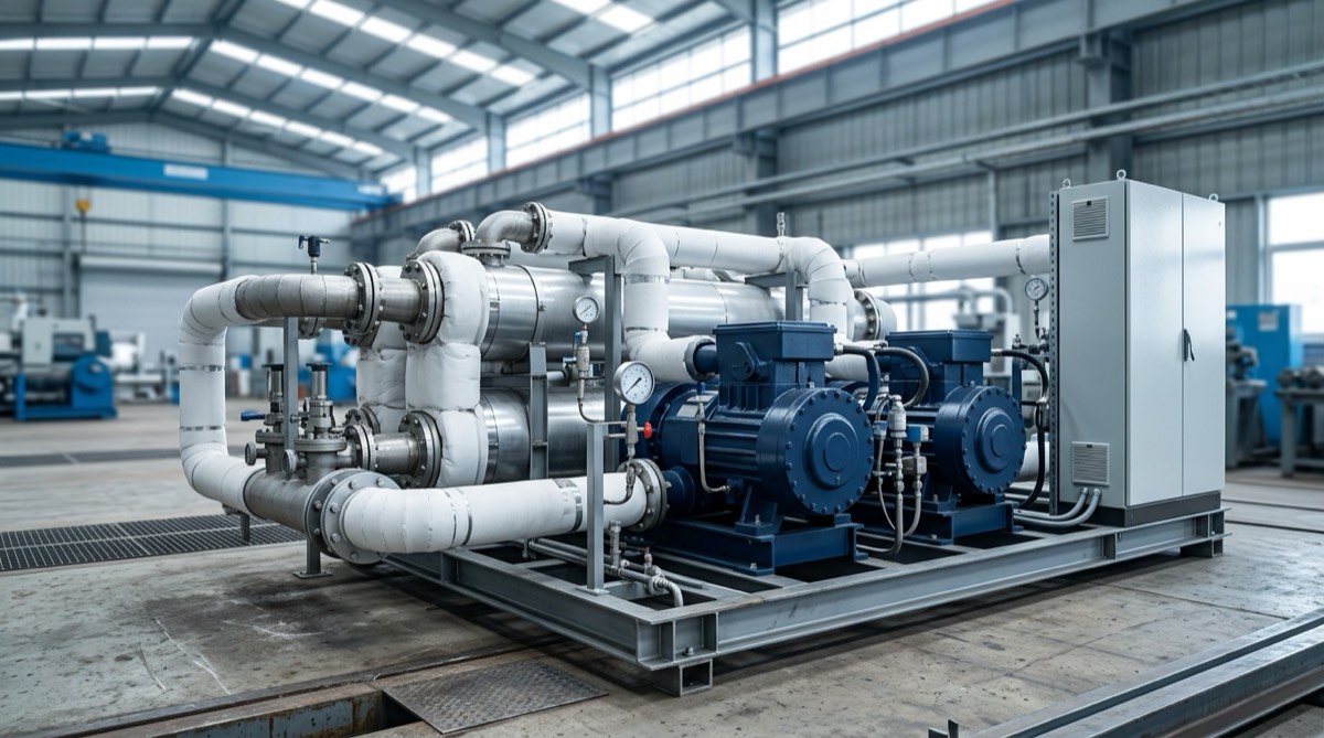 Three-quarter view of a high-temperature industrial heat pump skid showing twin compressors, shell-and-tube heat exchangers and a control cabinet