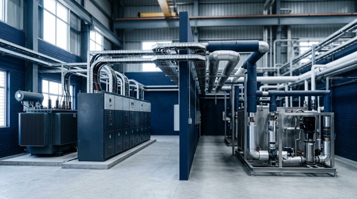A factory electrical substation room with HT switchgear and a distribution transformer, adjoining a plant room