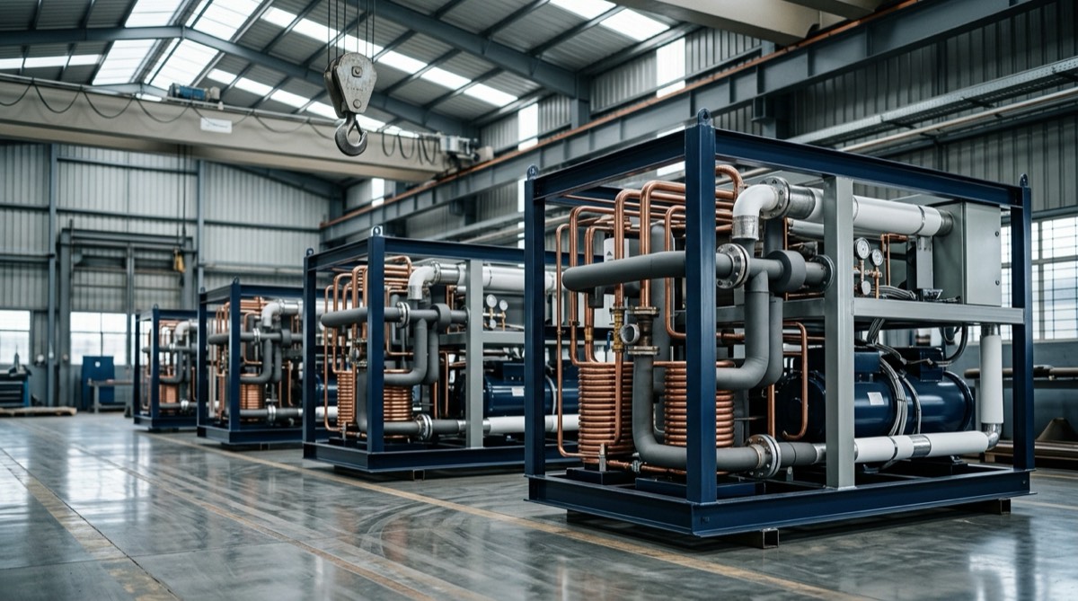 Heat pump skids under assembly on the floor of an Indian industrial equipment works, with an overhead gantry crane